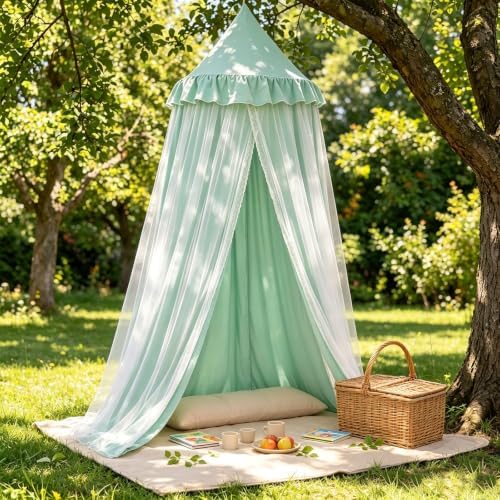 Kertnic Princess Bed Canopy for Girls, Double Layer Round Bed Mosquito Net, 31.5" Large Dome Indoor Castle Bed Tent, Sleeping & Reading Nook Curtain for Boys Girls (Green)