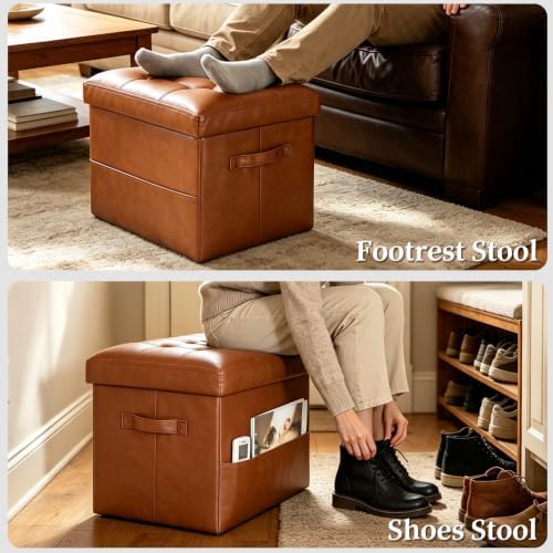 Storage Ottoman, Small Folding Foot Stools Ottoman for Dorm, Light Brown