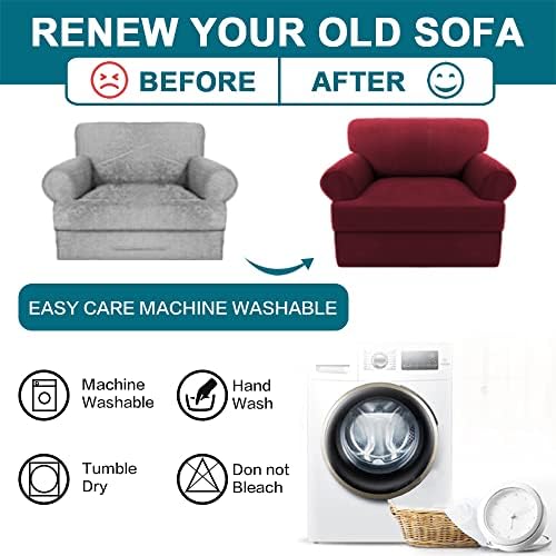 Turquoize T Cushion Chair Slipcover Armchair Slipcover for Living Room Stretch Sofa Couch Cover Soft Armchair Cover Furniture Covers with Individual T Cushion Seat Covers (Chair, Burgundy)
