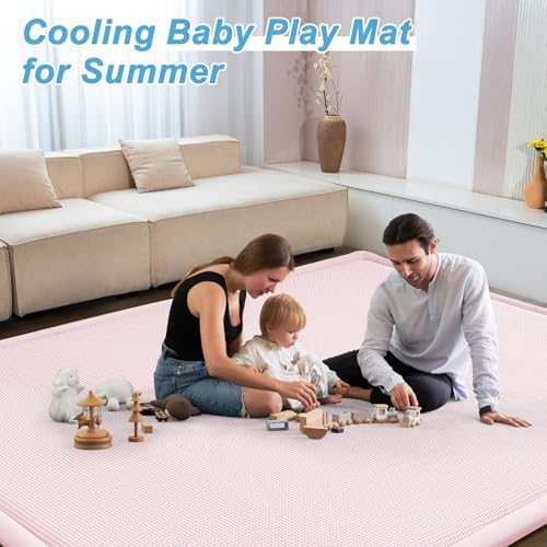 Baby Play Mat for Floor Nursery Rug Muscle Area Playroom Rug Elastic Foam 79x110" Playpenmat Elastic Foam 1.3" Thick Crawling Mat for Babies,Toddlers, Infants, Kids(Plaid Light Pink)