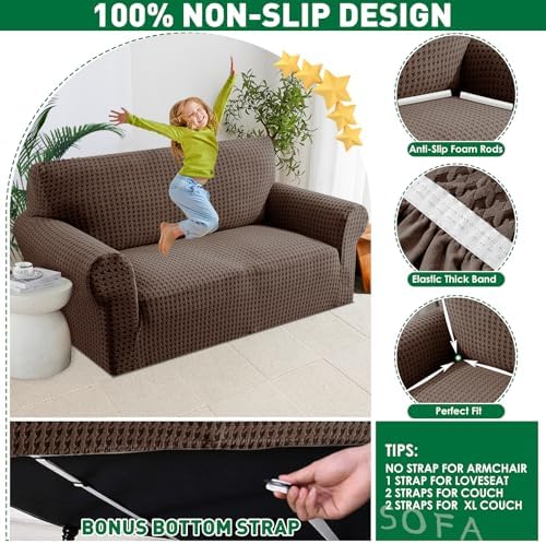 MAXIJIN Stretch Extra Large Couch Cover Sofa Covers (91"-110" Oversized Sofa Slipcovers with Non-Slip Foam & Elastic Strap, Dog Cat Pet Friendly Furniture Protector (X-Large, Brown)