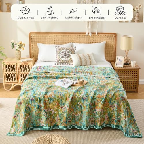 VANJOROY Boho Throw Blanket, 100% Organic Cotton Breathable Skin-Friendly Ultra Soft 60" x 80" Bed Quilt Green Leaf Throw - Floral Rustic Luxury Reversible Blanket for Sofa Couch Chair and Gift,