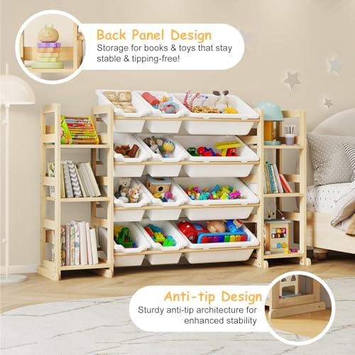 EXPERLAM Extra Large Toy Storage - Toy Storage Organizer, Wooden Toy Organizer with 6 Side Shelves and 12 Bins, 3-in-1 Bookshelf for Kids Rooms, Playroom, Nursery, White
