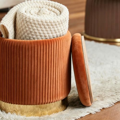 Round Ottoman with Storage, Orange Velvet, Set of 2 Vanity Stool