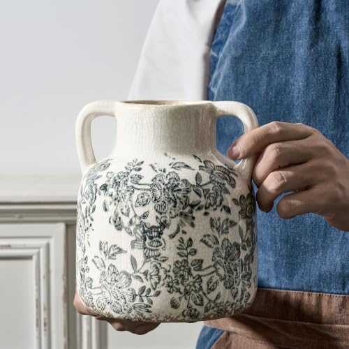 Ceramic Vase with Handles, Vintage Utensil Holder, Flower Decorative Vase Chinoiserie Decor Rustic Farmhouse Retro Floral Vases for Table Bookshelf Mantel Kitchen Living Room Office - 6.7” Gray 017
