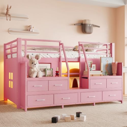 Bellemave Low Loft Bed Twin Size with Storage Shelves & Fabric Drawers, Metal Twin Loft Bed for Kids with LED Lights & Under-Bed Play Area, Low Loft Bed Frame for Bedroom, No Box Spring Needed, Pink