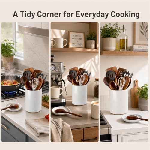 Ceramic Utensil Holder with Spoon Rest for Kitchen Counter, 6.4'' White