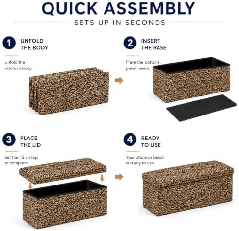 ALASDO 43 Inch Folding Storage Ottoman Bench with Hidden Storage, PU Leather Ottoman Foot Rest Stool, End of Bed Bench for Bedroom, Living Room, Entryway and Closet, Leopard Print
