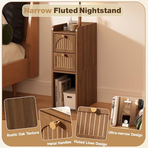 7.87" Narrow Nightstand, Fluted Slim Bedside Table with 2 Drawers, Mid Century Modern Small End Table with Gold Metal Handles, for Bedroom, Living Room & Small Spaces - Walnut