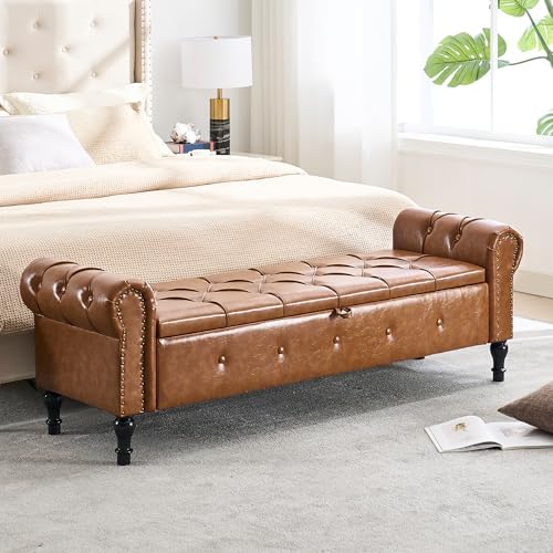 Storage Bench 67" Faux Leather End of Bed Benches Brown