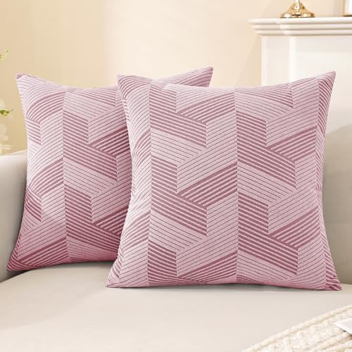 JIVINER Decorative Geometrical Throw Pillow Covers 18 x 18 Inch, Set of 2 Soft Modern Pattern Pillow Covers for Sofa, Couch, Living Room, Pink