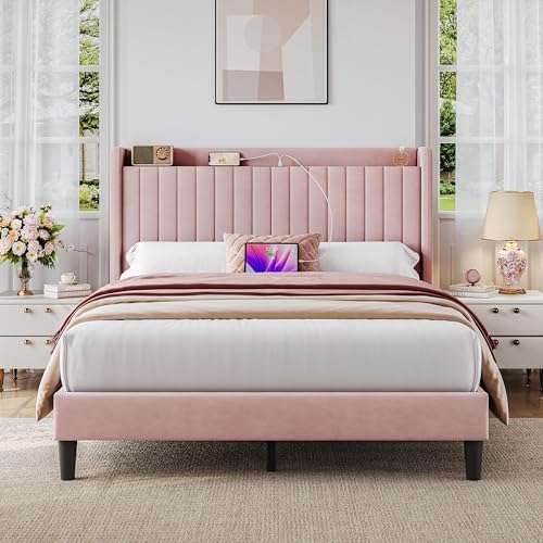 Yaheetech Queen Bed Frame with Channel-Tufted Headboard, USB/AC Ports, Pink