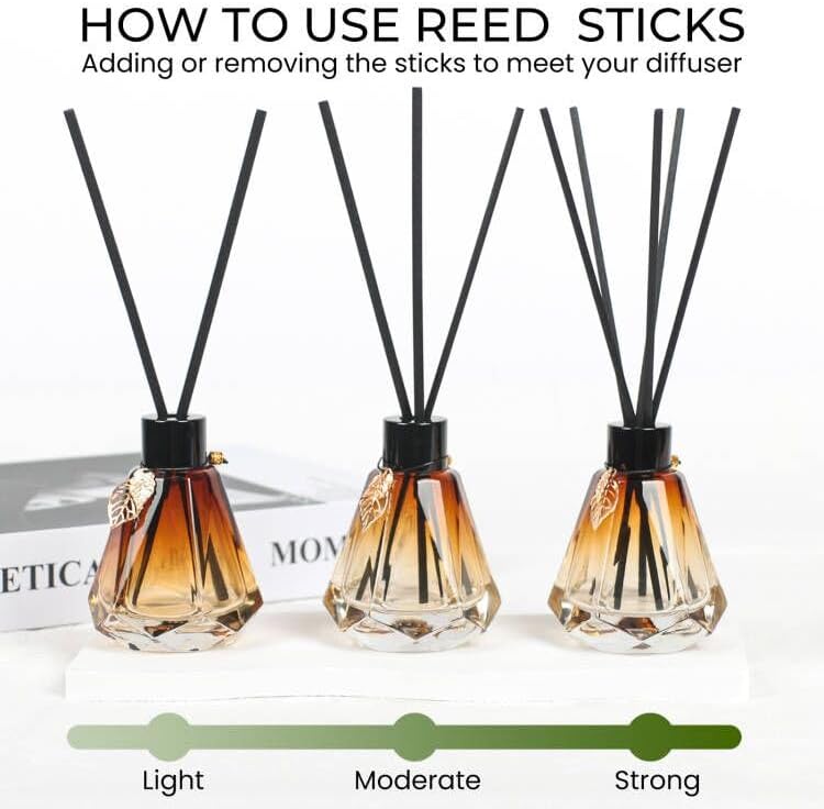 Reed Diffuser, Reed Diffuser Empty Bottles with 20pcs Reed Diffuser Sticks, Delicate Gold Leaf Decor, Glass Fragrance Diffuser Set with lids for Home… (Black+Gold, 4PCS)