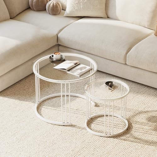 Garden 4 you Nesting Coffee Table, 23.6" Round Coffee Table Set of 2, Glass Nesting Table with Metal Frame, Ceter Tables for Living Room Bedroom Balcony, White
