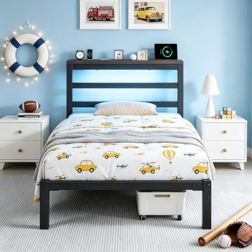 Twin Bed Frame with Charging Station and LED Lights Headboard, Black