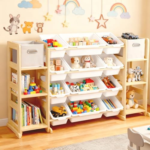Extra Large Toy Storage Organizer for Kids - 3-in-1 Wooden Bookshelf with 6 Shelves, 12 Bins + Free 2 Storage Boxes, Anti-Tip for Playroom/Nursery