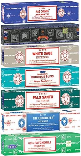 Satya Incense Sticks Gift Set, 7 Scents, Nag Champa, Super Hit, Dragon's Blood, Sandalwood, Patchouli, Lavender, Positive Vibes, 15g Each (Smudge)