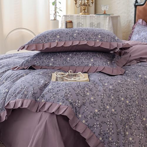 Girls Flower Duvet Cover Set 100% Cotton Queen(90"x90"),Ruffled Purple