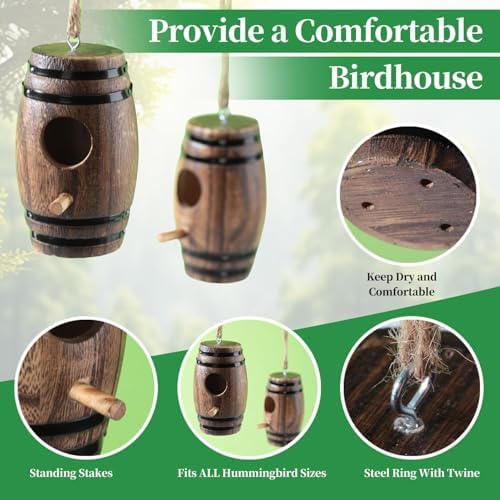 2 Pack Hummingbird Houses for Outside, DY-SKTY Wooden Hummingbird House for Nesting, Hanging Bird Houses for Outdoors with Pole, Unique Garden Gifts Home Decoration