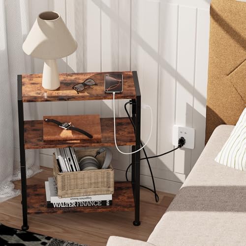 End Table with Charging Station, 3-Tier Side Table for Small Space, Skinny Nightstand with USB/Type C Port and 2 Outlets, Slim Beside Table for Living Room, Bedroom, Balcony, Rustic Brown