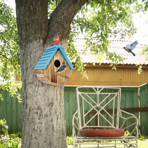 Auslar Bird Houses for Outside, Hanging Wooden Birdhouse for Outdoors, Blue