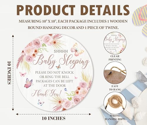 Shhh Baby Sleeping Hanging Sign, FLoral Wooden Round Door Hanger For Baby Room Front Door Nursery Kids Bedroom, Please Do Not Knock Or Ring Doorbell Sign For Outdoor Porch -04