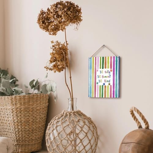 FUGWN Colorful Classroom Inspirational Hanging Wooden Signs 8x10, Be Silly Honest Kind Motivational Positive Affirmations Wall Decor Wood Plaque Hanging Decorations for Kids Room Bedroom Door Decor