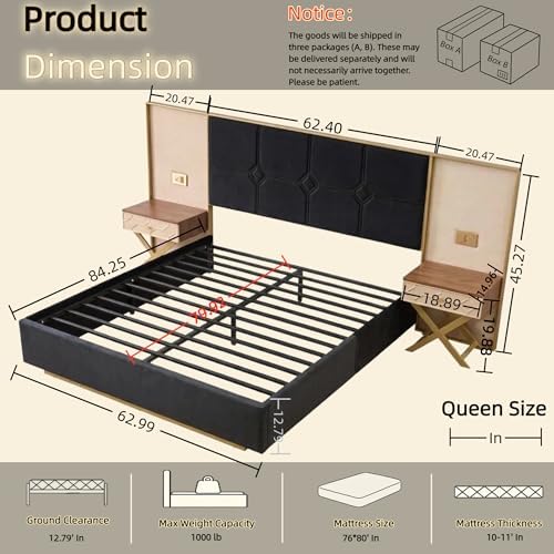 KEIKI Queen Upholstered Bed Frame with Floating Nightstands, Reading Lights