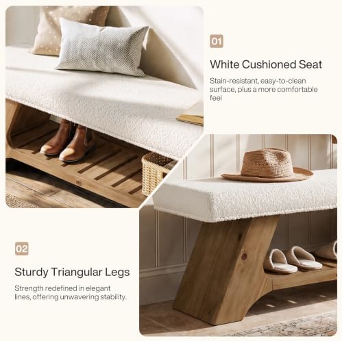 Tribesigns 55" Solid Wood Bench with Cushion, Upholstered Entryway Bench