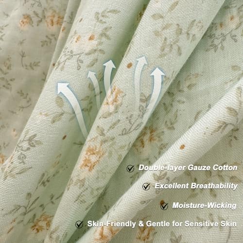 Floral Duvet Cover Set Muslin Cotton Queen(90"x90"),Sage Green
