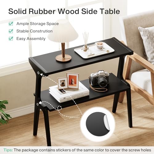 Tribesigns 2-Tier Solid Wood Side Table, Modern Black End Table with Storage Shelves, Tall Slim Side Table for Couch with Unique Legs, Long Bedside Table for Bedroom, Living Room