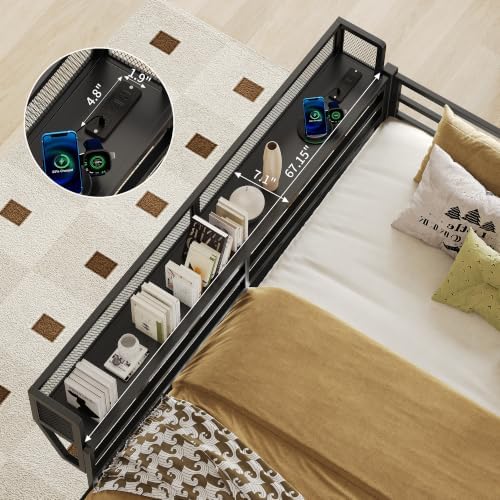 Queen Over Queen Metal Bunk Bed with Storage Shelf & USB Charging