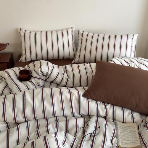 mixinni Retro Striped Duvet Cover Twin Size - 3-Piece Vintage Red Brown & Blue Stripes Printed Duvet Cover Set, Soft Washed Microfiber Bedding, Vintage Stripe Comforter Cover with Zipper&Ties