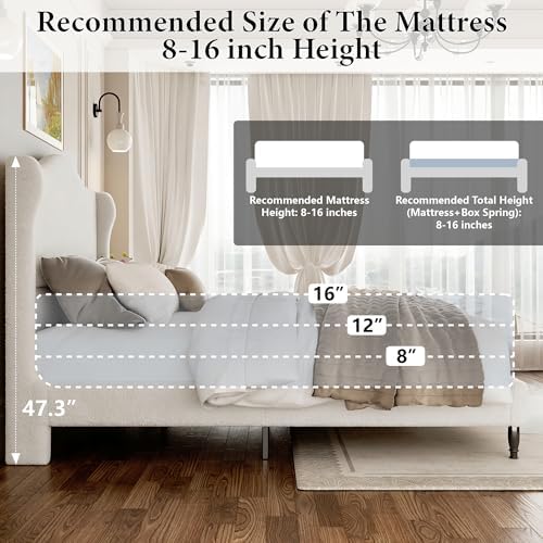 Full Bed Frame with Wingback Headboard, Upholstered Boucle Platform Bed Frame, Solid Wooden Slats Support, Noise-Free, No Box Spring Needed, Soft Cloud Bed for Bedroom, Cream