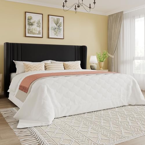 SHA CERLIN King Velvet Upholstered Bed Frame, Wingback Headboard, Black
