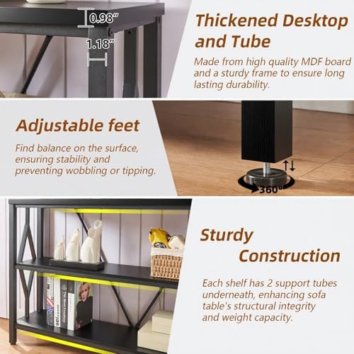 Sofa Console Table, Rustic Entry Table with 3 Tier Bookshelf,Black 47 Inch