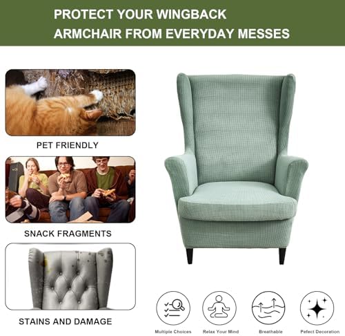 HAOYONG Jacquard Wingback Chair Cover Thickening Wing Armchair Covers Set of 2 Stretch Chair Slipcovers Non-Slip Armchair Protector Cover with Elastic Bottom
