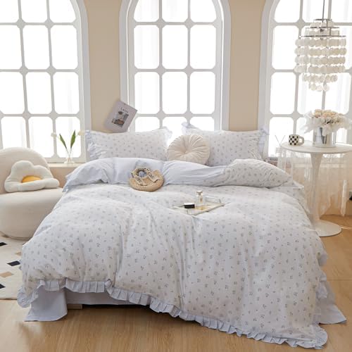 Blue Floral Duvet Cover Full Cute Flower Ruffle Duvet Cover White Soft 100% Cotton Lace Comforter Cover Floral Print Girls Princess Bedding Sets Vintage Botanical Flower Duvet Cover with 2 Pillowcases