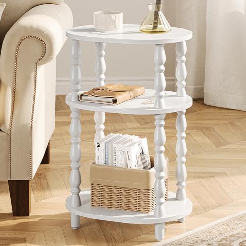Yoobure 3-Tier Small Side Table - Oval End Table with Vintage Spindle Legs, Accent Night Stand with Storage Shelf for Narrow Spaces, Wood Nightstand Bedside Table for Living Room, Bedroom, White