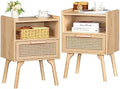 Lerliuo Rattan Nightstands Set of 2, Boho Side Table with Drawer Open Shelf