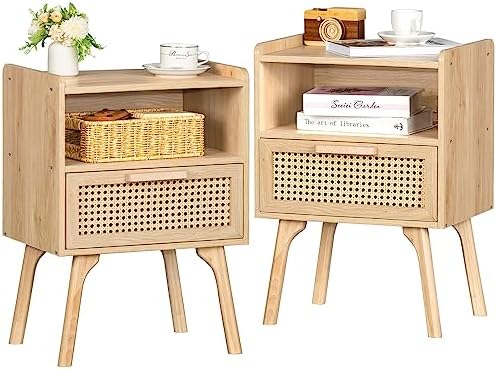 Lerliuo Rattan Nightstands Set of 2, Boho Side Table with Drawer Open Shelf