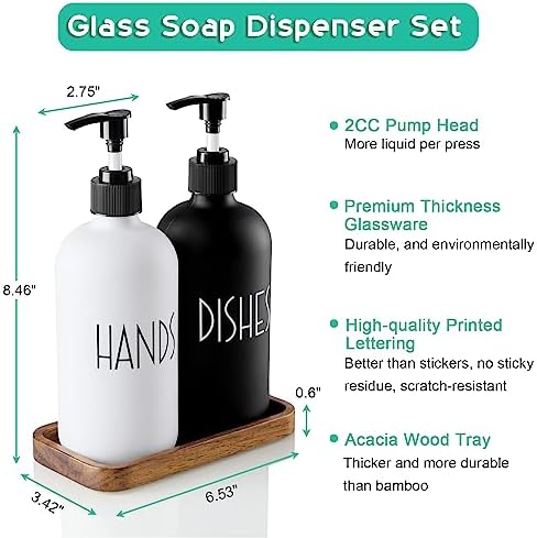 ALELION Glass Dish Soap Dispenser for Kitchen - 16 OZ Hand Soap Dispenser Set with Pump and Acacia Wood Tray - Black White Modern Farmhouse Kitchen Bathroom Decor and Accessories