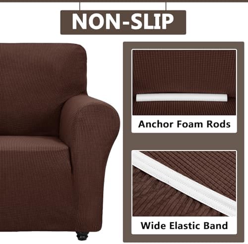 3 Piece Stretch Matching Chair and Ottoman Slipcover Set, Jacquard Arm Chair/Ottoman/Fitted Seat Covers, Non-Slip Accent Armchair and Foot Stool Slip Cover (Brown,3 Pieces Set)