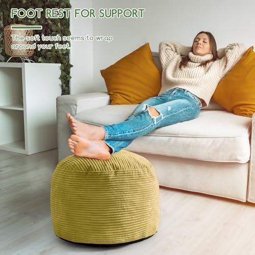 HIGOGOGO Round Stuffed Pouf Ottoman, Corduroy Poufs with Foam Chunk Filling, Furry and Fluffy Pouf Foot Stool Storage Ottoman, 20 X 15 Floor Poufs Foot Rest for Living Room, Green