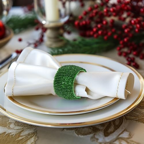 COTTON CRAFT Glitz Handmade Beaded Napkin Rings - Set of 12 - Dark Green