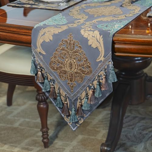 Loom and Mill Luxury Damask Table Runner 108 Inches Long, Grey Blue