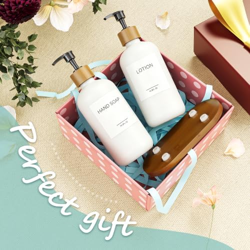 MASADI White Soap Dispenser Set with Tray, Dish and Hand soap Lotion Dispenser Set with Wooden Pump for Kitchen and Bathroom Decor for Counter, Modern Vintage Liquid Soap Dispensers