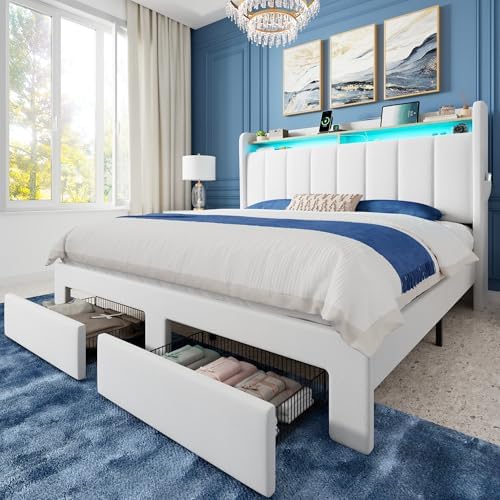 Allewie Full Size Bed Frame with 2-Tier Storage Headboard & 2 Large Drawers