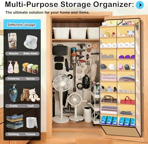 Kotkn 10-Tier Over the Door Shoe Organizer, 20 Pockets Holds 20-30 Pairs, Heavy-Duty Oxford Fabric with Hexagon Mesh for Boots & Sneakers, Beige