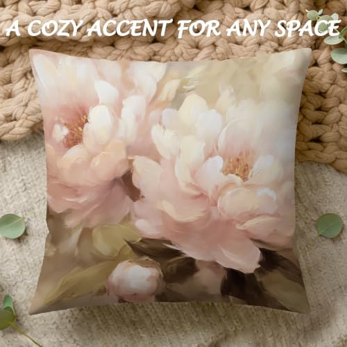 Vintage Pink Peony Floral Pillow Cover 18x18, Rustic Farmhouse Cottage Core Botanical Flower Decorative Lumbar Pillow Cover for Couch Bed Living Room Bedroom